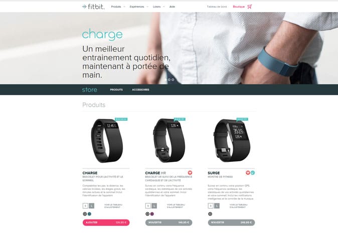 La boutique FitBit met bien en avant ses produits phares.