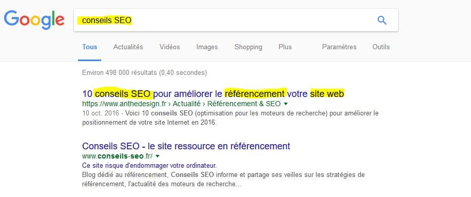 Résultats de recherche renvoyé par Google sur la requête CONSEILS SEO resultat-google-conseils-seo