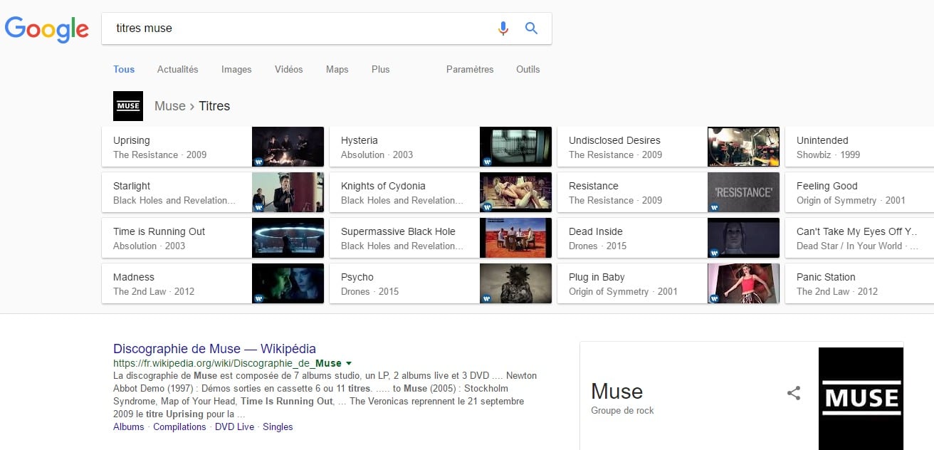 titres muse Google Knowledge Graph