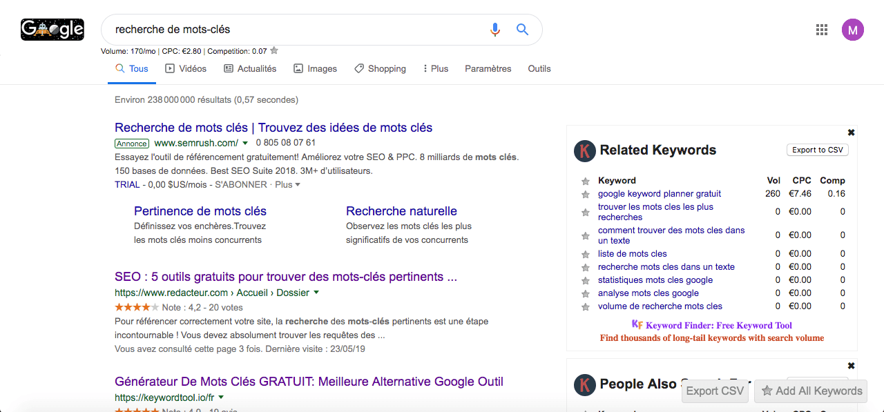 recherche de mots clés avec Google Suggest