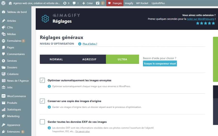 Imagify: compression extension of your media 5 Imagify general settings dashboard