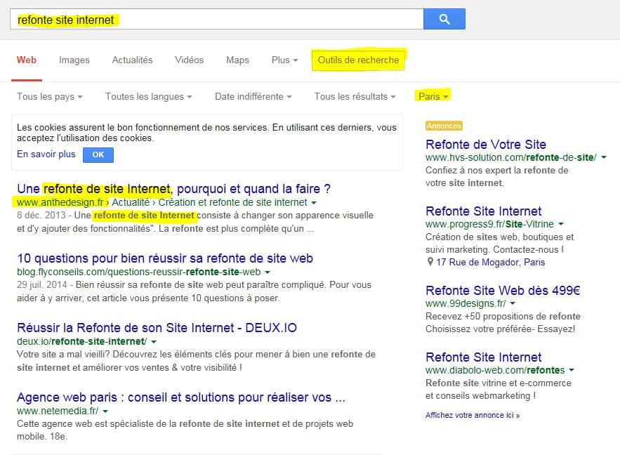 sreenshoot positionnement sur google requête refonte site internet paris