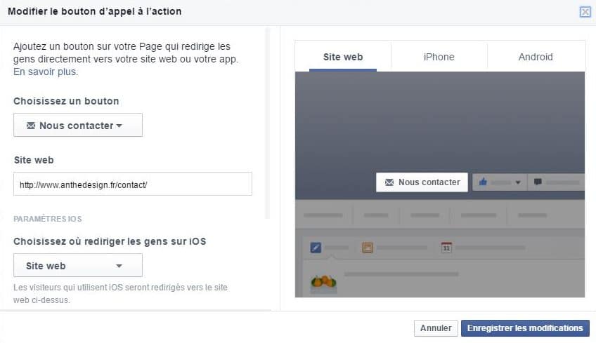 Page Facebook call to action