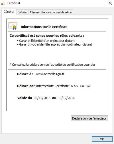 Informations sur le certificat SSL du site anthedesign.fr