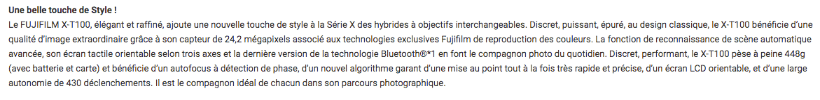 description d'un produit Fujifilm sur une fiche produit 