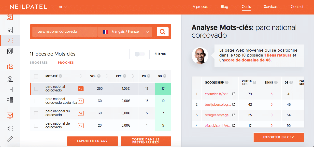 neilpatel.com : un outil de recherche de mots clés