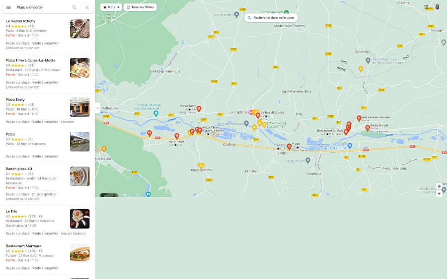 visibilité locale : résultats de recherche maps en cliquant sur plats à emporter 