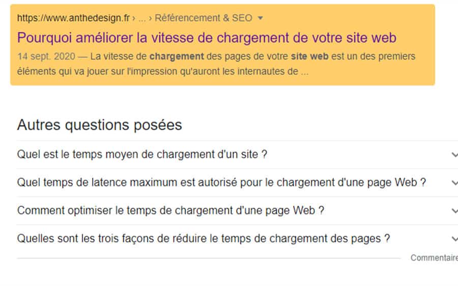 extrait en vedette ou featured snippet : exemple avec la requête temps de chargement site web