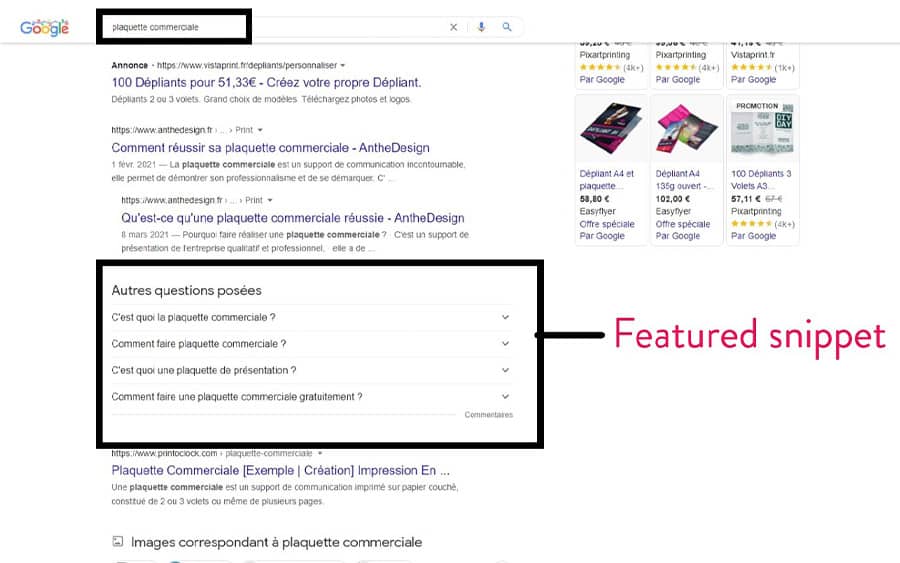 featured snippet ou extrait en vedette : exemple avec plaquette commerciale