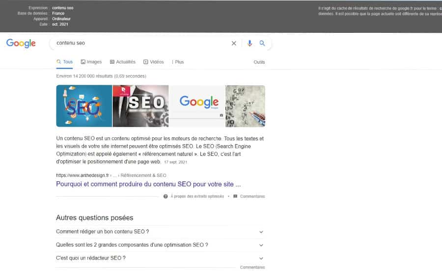 semrush fonctionnalité serp du mot-clé contenu seo