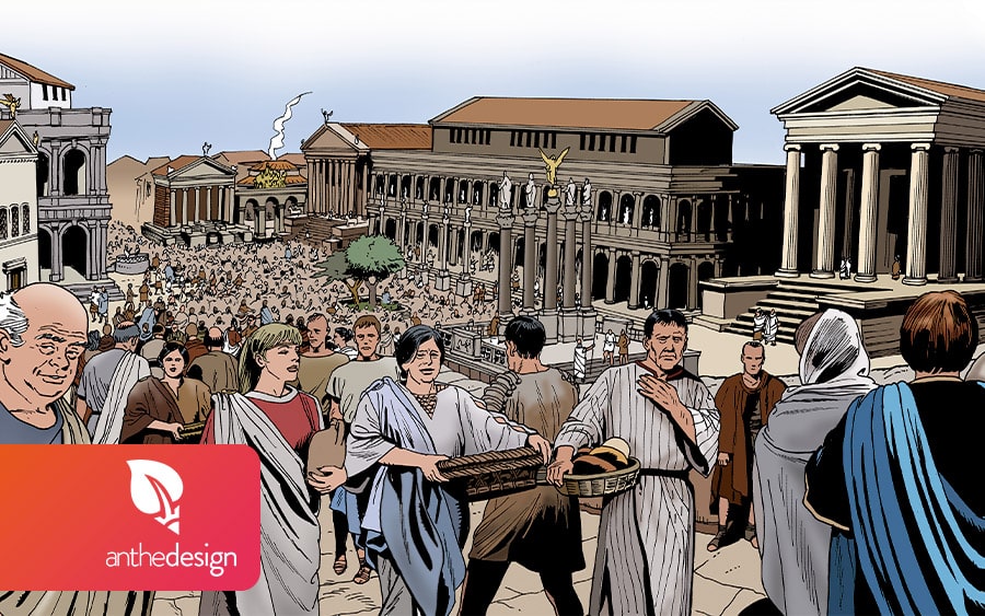 Mercatique : dessin d'un marché sous l'empire romain