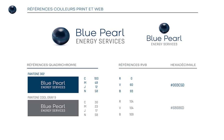 charte graphique document pilier références des couleurs web et print de Blue Pearl Energy