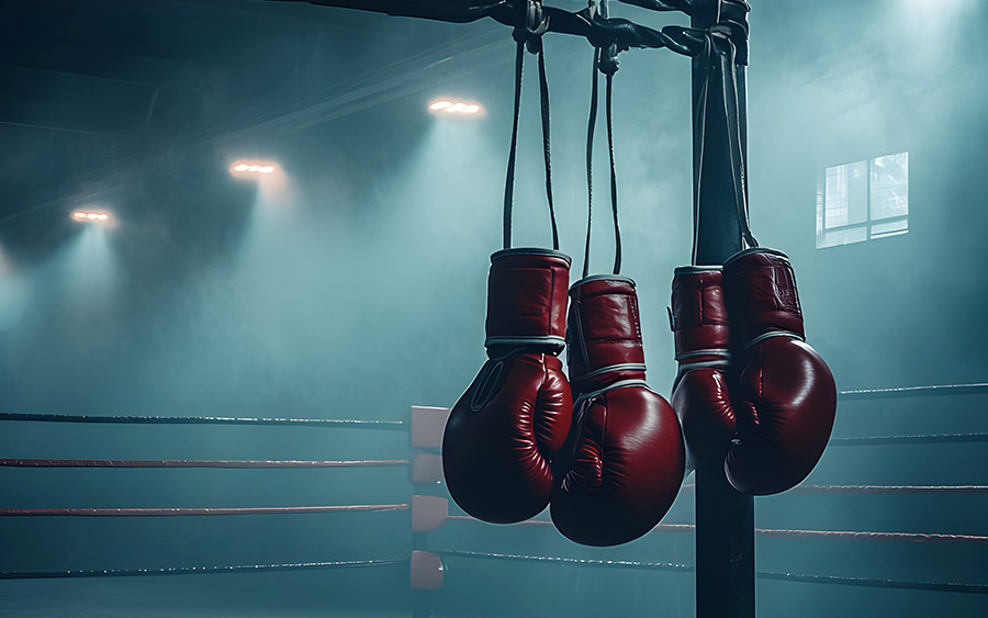 Gants de boxe suspendus dans un ring de boxe avant le match ia génératives vs google
