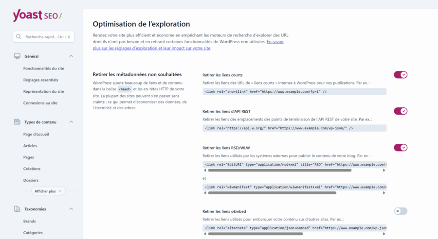 Capture des réglages d’optimisation de l’exploration dans Yoast SEO pour retirer les métadonnées inutiles