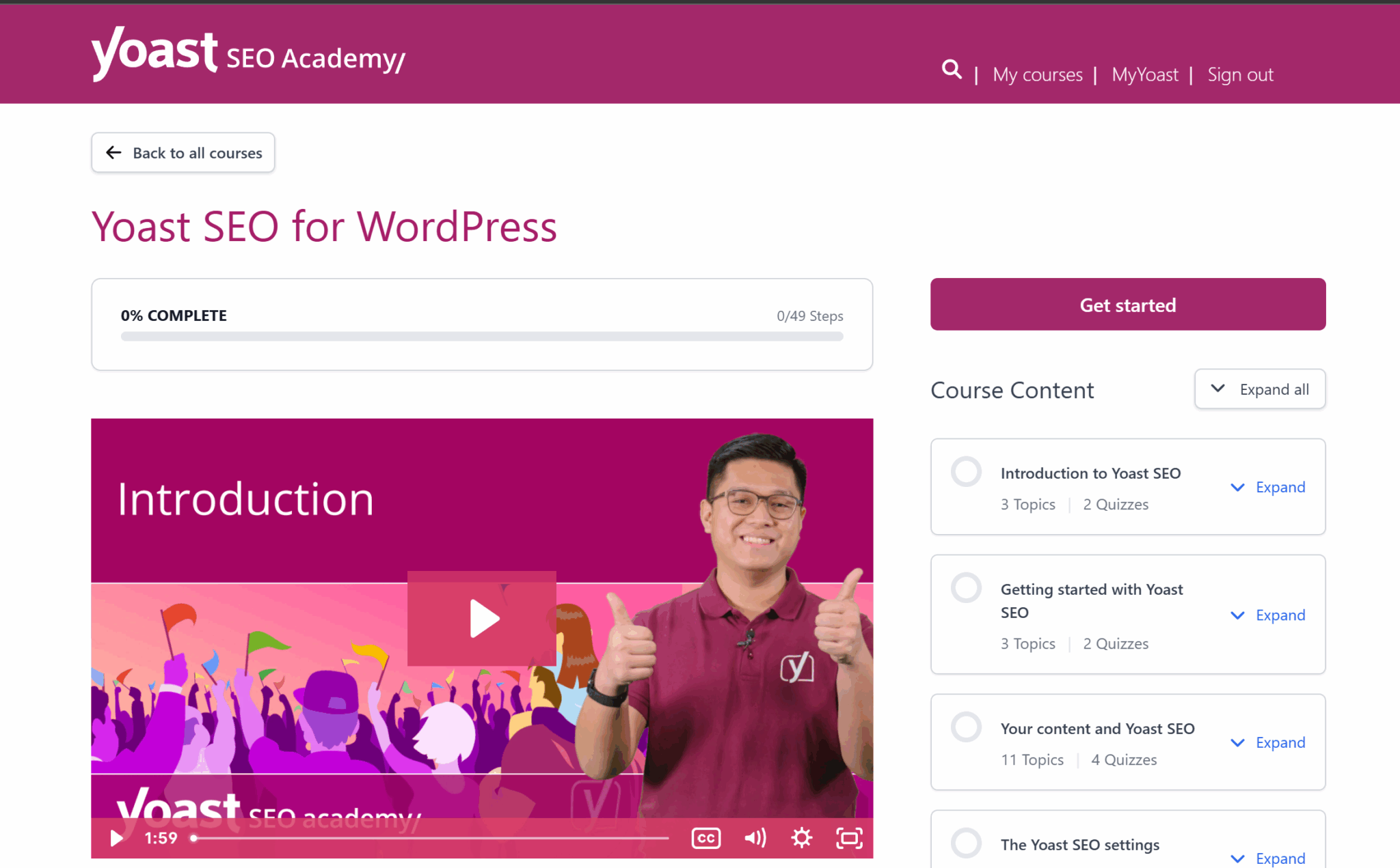 Interface de la Yoast SEO Academy avec formation complète pour WordPress en vidéo