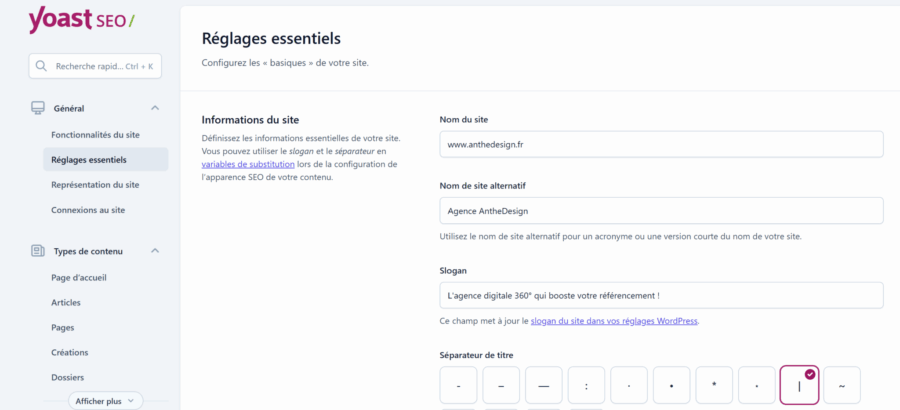 Capture des réglages de base du site dans Yoast SEO avec nom, slogan et séparateur de titre