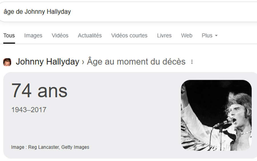 exmple de recherches google sans clic : l'age de johnny hallyday