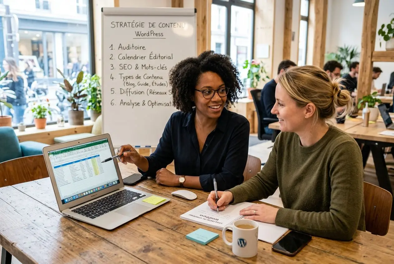 Deux femmes travaillent ensemble autour d’un laptop en réunion SEO WordPress, tableau blanc et cafés sur la table. intégration possible du mot-clé: "comment augmenter la visibilité de votre wordpress avec sedestral ?" mentionnée de façon naturelle.