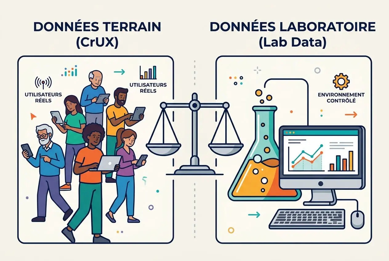 Équilibre entre données terrain et laboratoire montrant utilisateurs réels et données Lab Data, symbolisé par une balance entre deux sections et des graphiques sur écran. core web vitals et ttfb