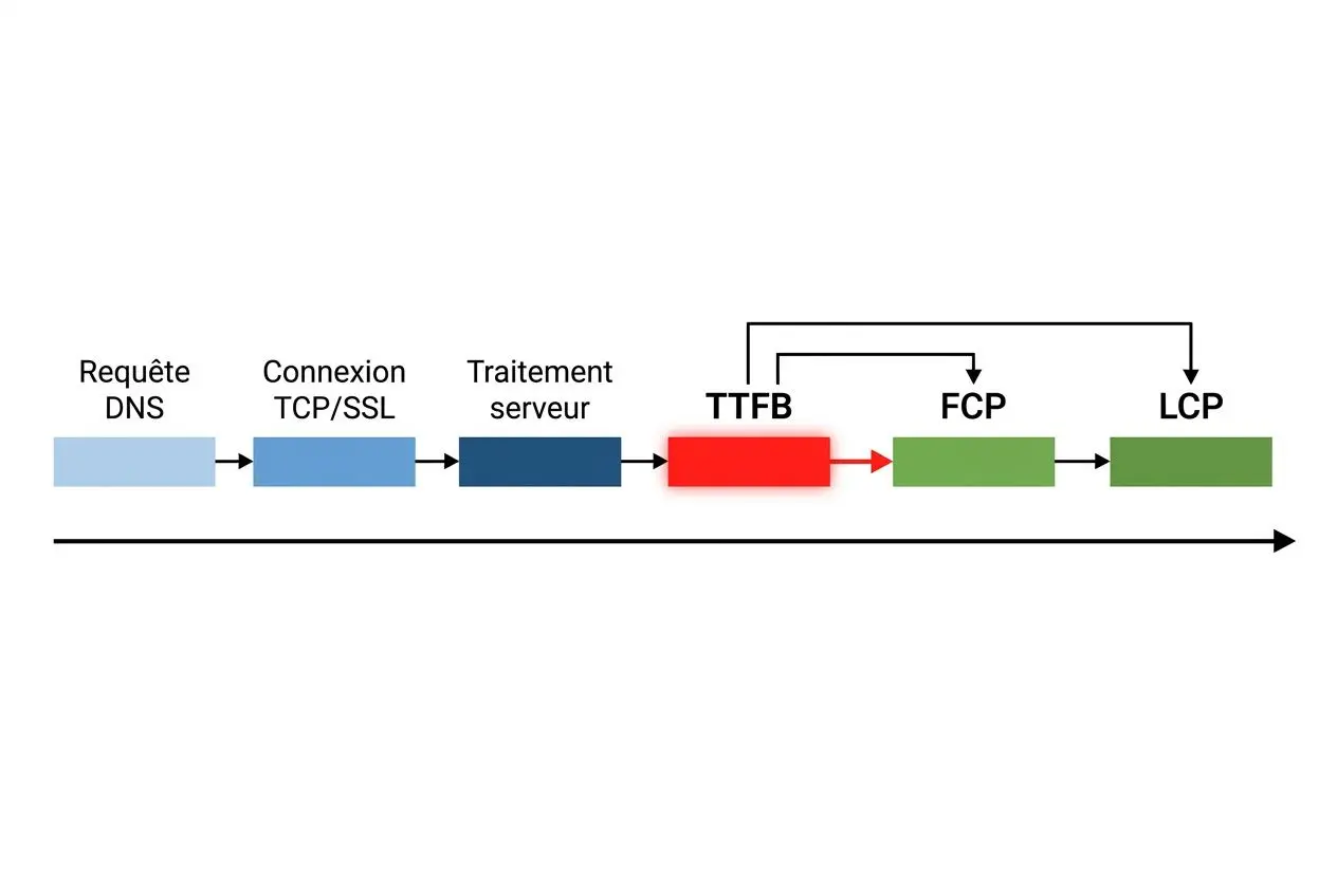 Flux de requête montrant DNS, TCP/SSL, traitement serveur puis TTFB, FCP et LCP, illustrant les core web vitals et TTFB