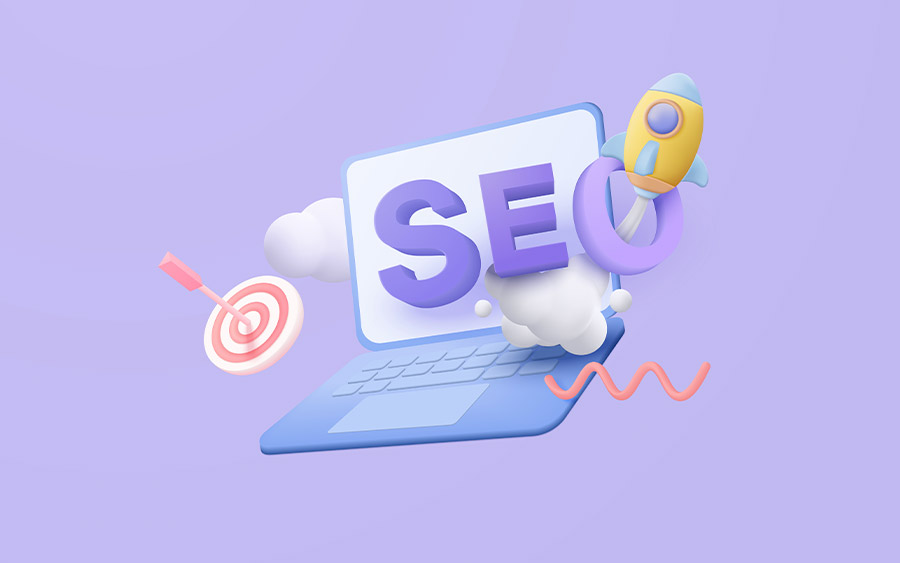 Accroche SEO en 3 piliers: techniques, contenu et netlinking illustrés par un ordinateur portable avec le mot SEO en lettres violettes.