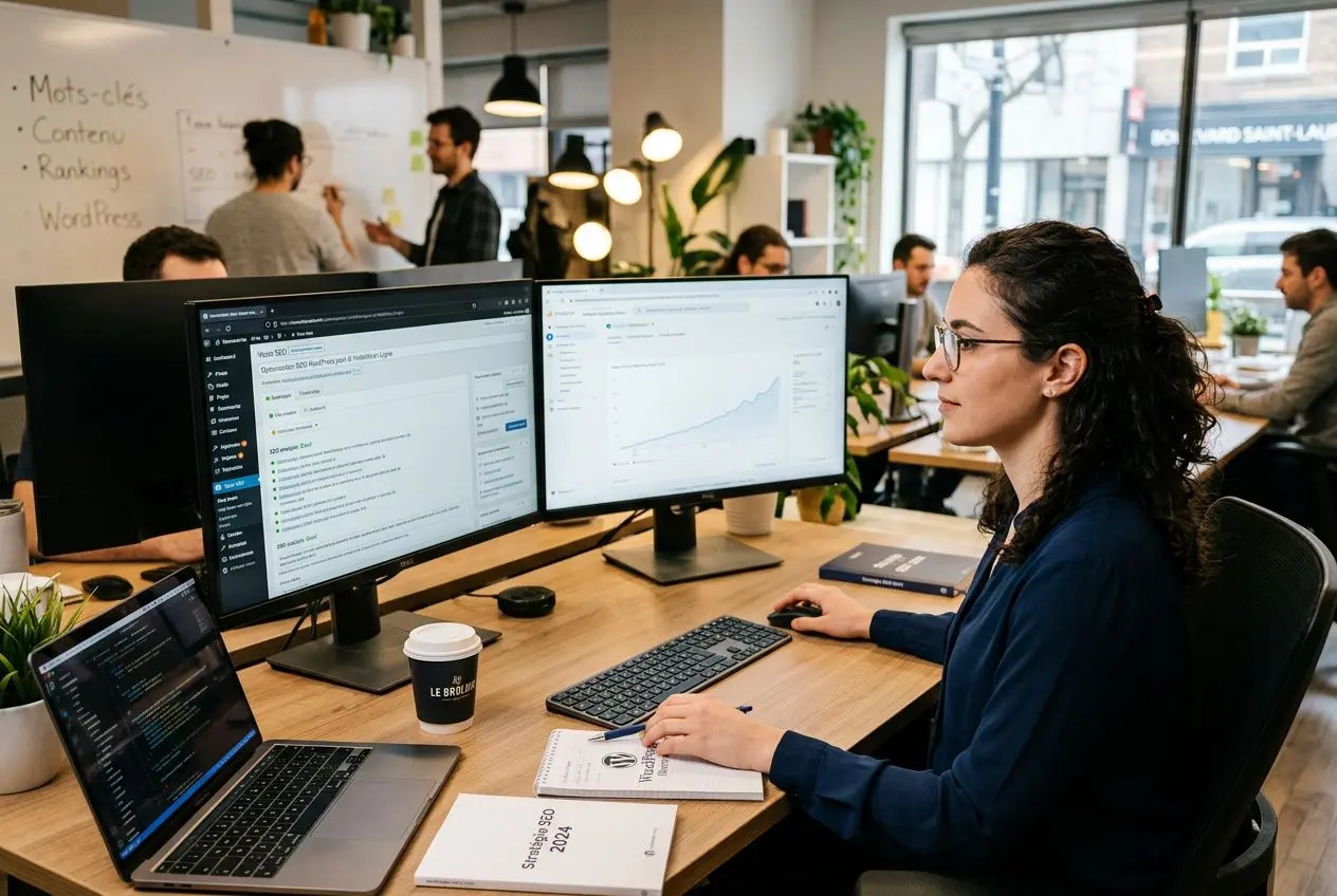 Personne travaillant sur plusieurs écrans dans un espace de coworking, analyse SEO sur WordPress avec Sedestral, cahier et café à proximité. comment augmenter la visibilité de votre wordpress avec sedestral ?